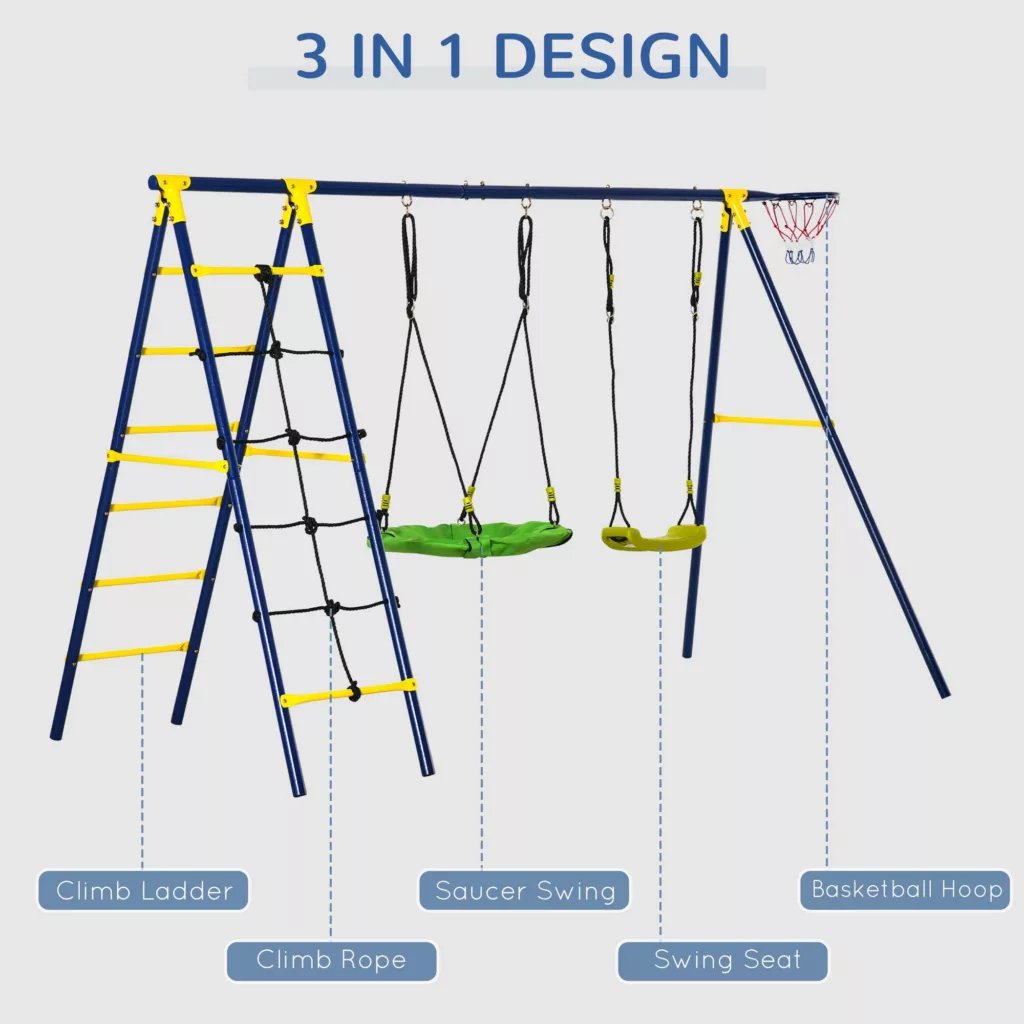 Aosom Kids Metal Swing Set with Saucer Swing, Swing, Climb Ladder, Basketball Hoop 