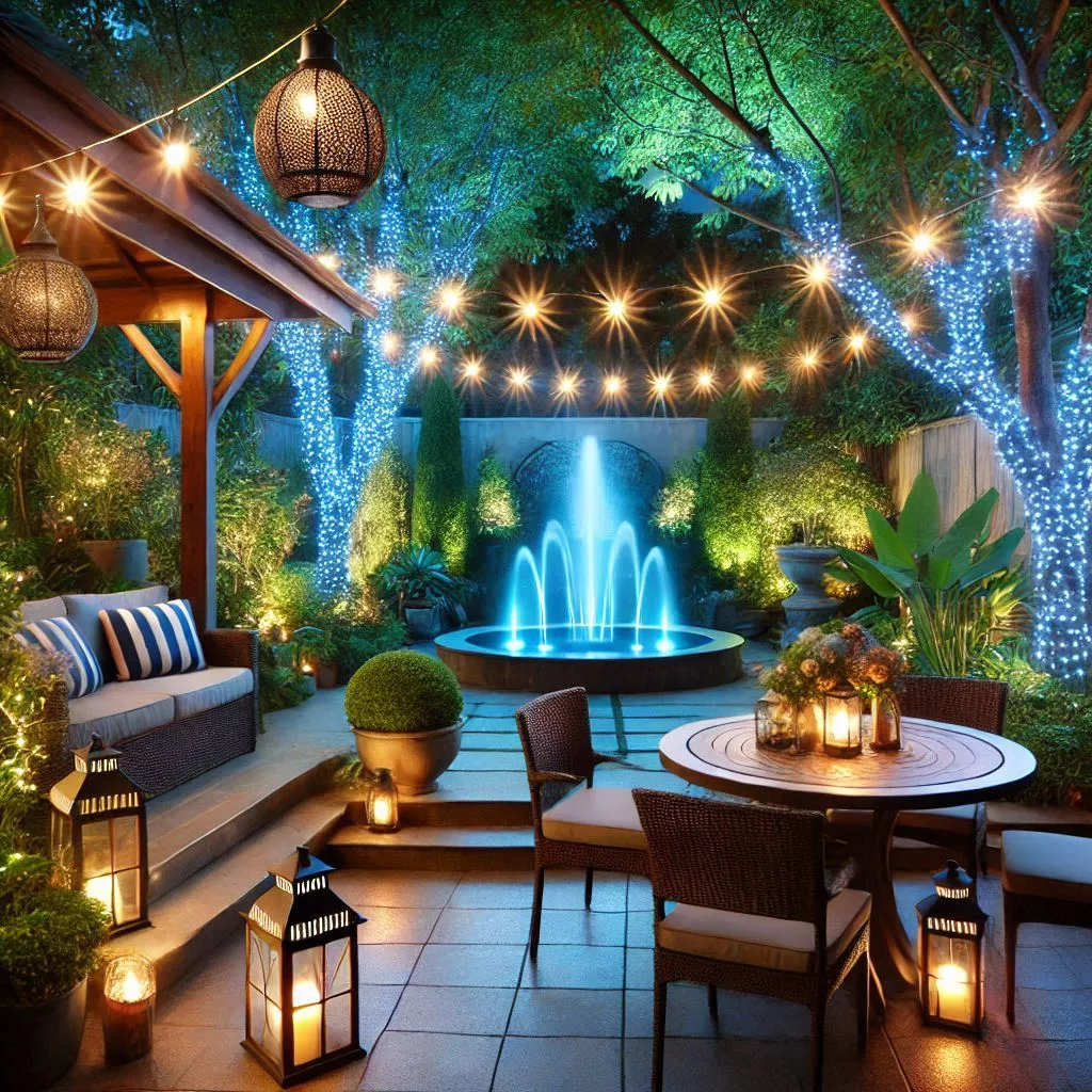 outdoor patio with emphasis on lighting