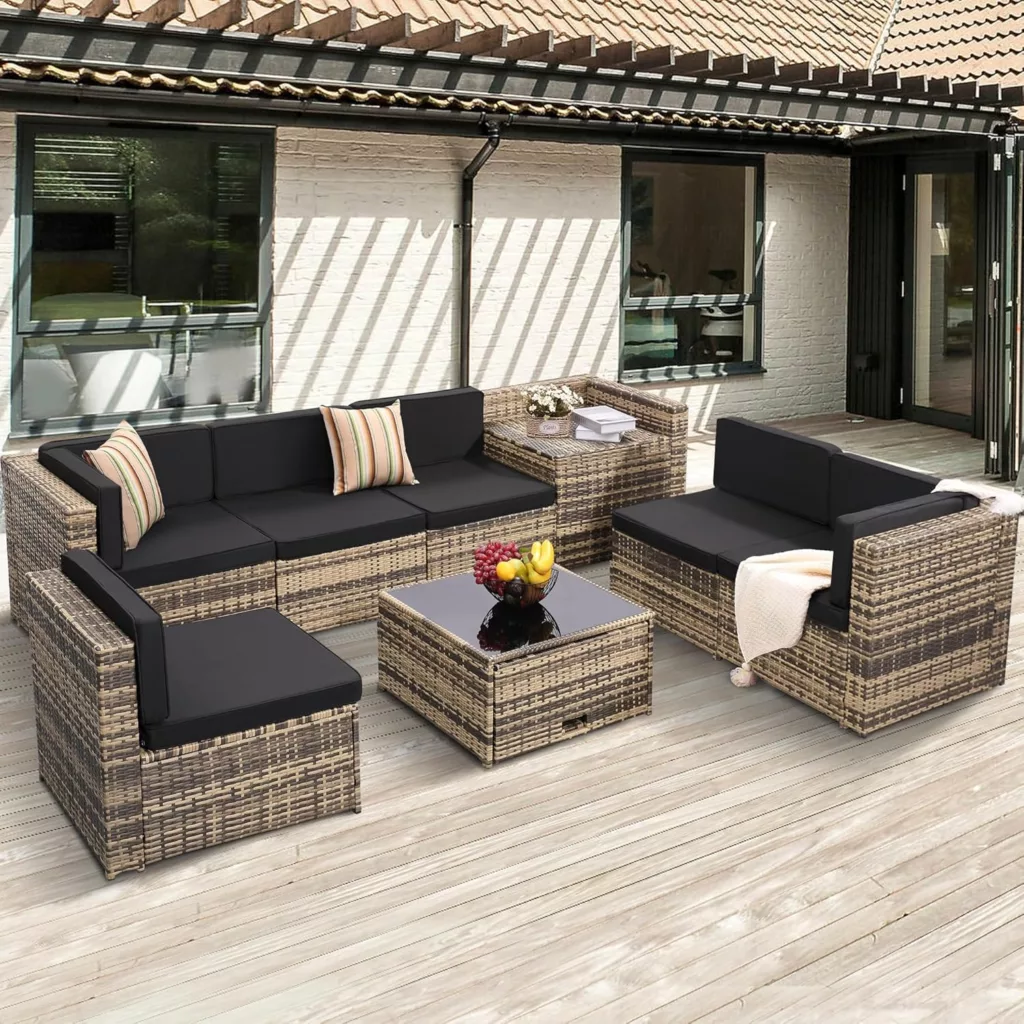 Amazon 8 Pieces Outdoor Wicker Rattan Patio Furniture Sectional Set, Glass Top Table with Hidden Storage, 7 Sofa Sections, Oversized Cushions, Natural Color Rattan with Black Cushion