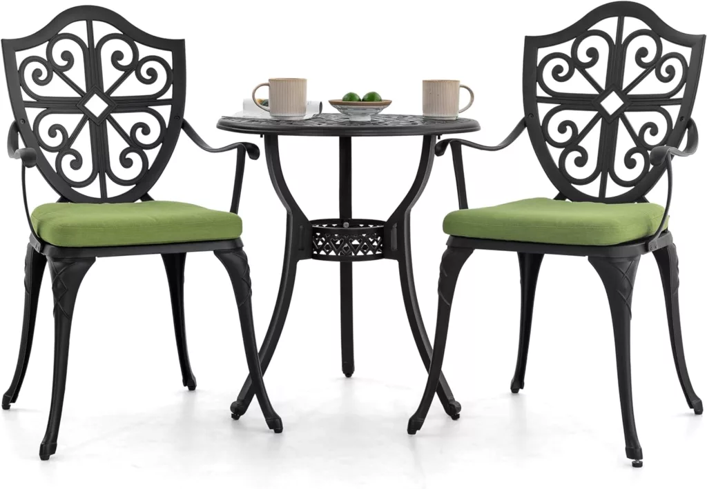 Amazon 3 Piece Bistro Set with Umbrella Hole and Green Cushions