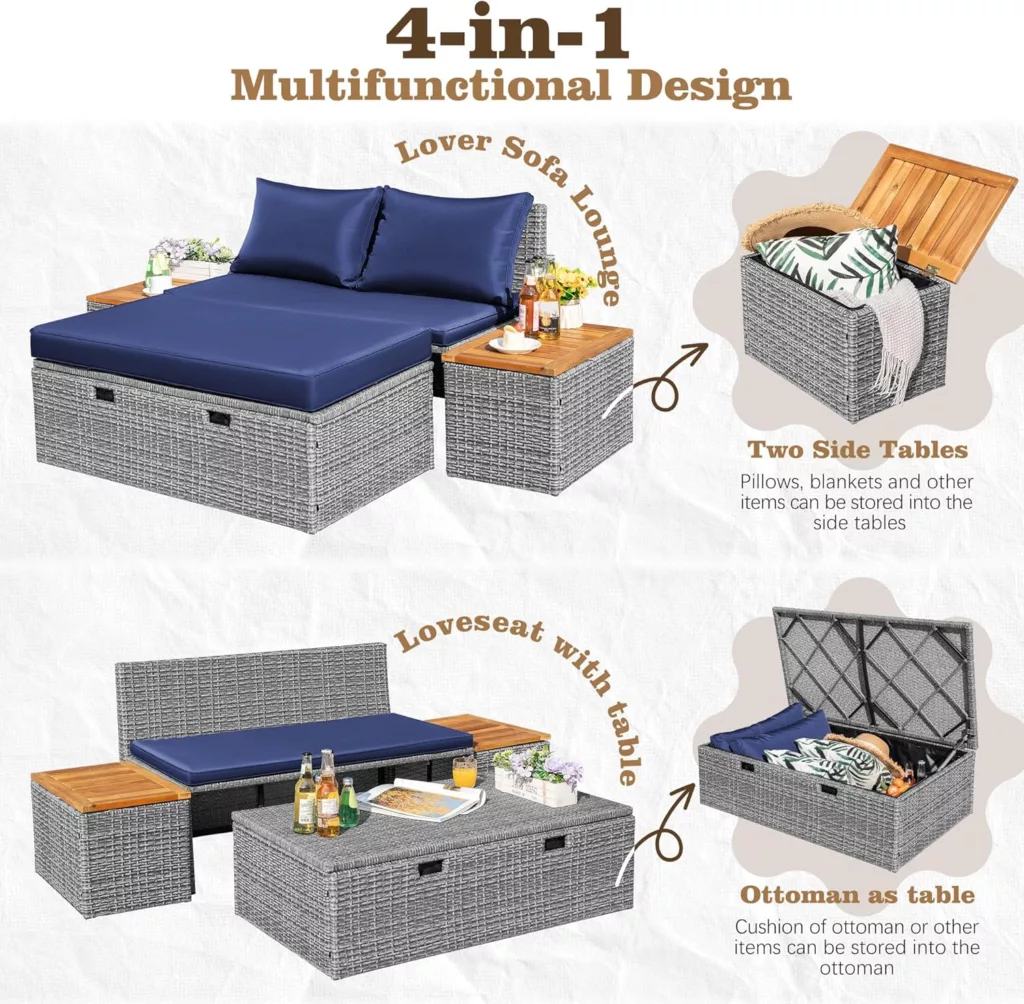 Amazon Outdoor Rattan Lounge Chair with 2 Side Tables, Multifunctional Outdoor Patio Daybed with Footrest, Cushions, Storage Ottoman, Chaise Lounge Chair for Backyard Porch Poolside (Deep Blue)